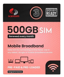 Three 500GB Data SIM – Uncapped 5G Speeds Preloaded MONTH Until 2027 No Contract - Photo 1 sur 1