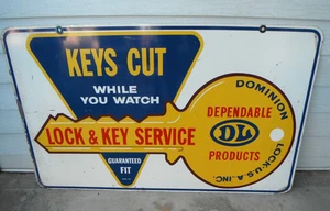 Vintage Dominion Lock Double Sided Key Cut Advertise Metal Sign 38" x 23" - Picture 1 of 12