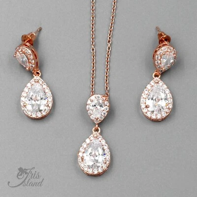 ORO ROSA CHAPADO EN LÁGRIMA CIRCONITA COLLAR PENDIENTES CONJUNTO DE JOYAS DE BODA 6242 Foto 1 de 4