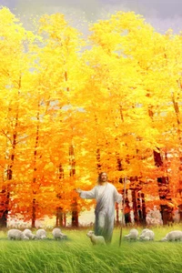 Yongsung Kim AUTUMN BREEZE Canvas Art Print Jesus Shepherd Lambs Fall Leaves - Picture 1 of 1