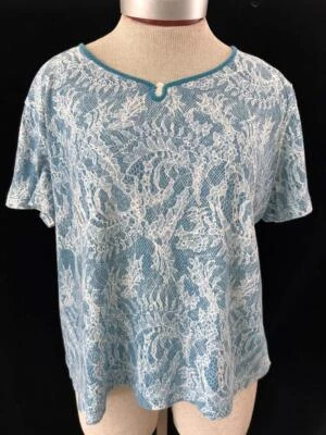 Top de punto Coral Bay talla PXL jersey manga corta azul patrón encaje petite XL Foto 1 de 4