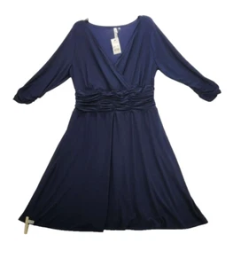 NY Collections dress size 1X Navy 3/4 Sleeve Rouched-Waist D125 - Picture 1 of 6