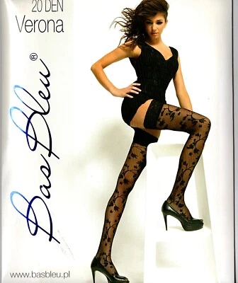 Halterlose Strümpfe Blumenmuster beige natur 20 den Mikronetz-Strümpfe Bas Bleu - Bild 1 von 4