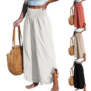 Summer Women's Elastic Waist Pants Wide Leg Loose Cotton Linen Palazzo S-3XL. - Picture 1 of 21
