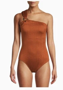 Time & Tru Brown/Gold Shimmer Shoulder 1pc Elevated Swimsuit L (12-14)#C8X - Picture 1 of 2