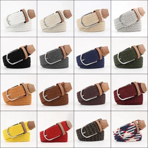 Mens Womens strap Leather Covered Buckle Woven Elastic Stretch Belt 1-1/4" Wide - Picture 1 of 18