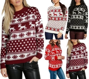 Womens Long Sleeve Reindeer Print Knitted Jumper Ladies Crew Neck Xmas Sweater - Picture 1 of 7