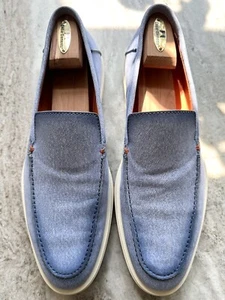SANTONI MENS SLIP ON BLUE SUEDE DENIM EFFECT LOAFERS 13 ITALY SUMMER WALK OPEN - Picture 1 of 10