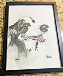 Aquarell Gemälde Schwarz-Weiß Border Collie Hund Künstler signiert 10" x 12" - Bild 1 von 5
