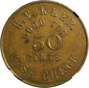 Nueva York (1861-1865) H.V. Keep 50 Cents Sutler Token NGC MS 61 (35-20) - Imagen 1 de 4