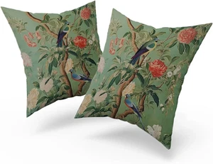 Vintage Green Chinoiserie Pillow Covers - Set of 2, 18x18 Inch Floral Decor - Picture 1 of 7