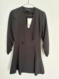 Zara XS Blazer Dress Skort Romper Double Breasted Black Ruched Sleeve Old Money - Picture 1 of 10