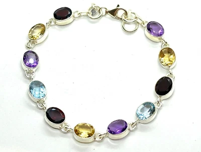 Sterling Silver Oval Multi-Gemstone Bracelet - 7.5”-8”  14.8 grams - Image 1 of 4