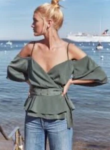 Jet Set TJD Diaries Sage Green Faux Wrap Blouse Tie Front Top Size Large NWT - Picture 1 of 12