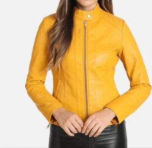 Yellow Women's Leather Jacket 100% Genuine Lambskin Custom Made - Picture 1 of 10