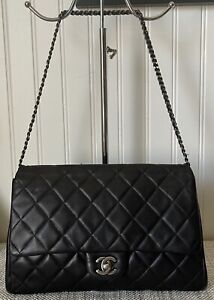 Chanel Classic Single Flap Black Leather Chain Medium Clutch Shoulder Bag