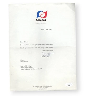 Monte Irvin Signed Autographed Letter Hall of Fame Legend 1973 JSA CB19761 - Image 1 of 3
