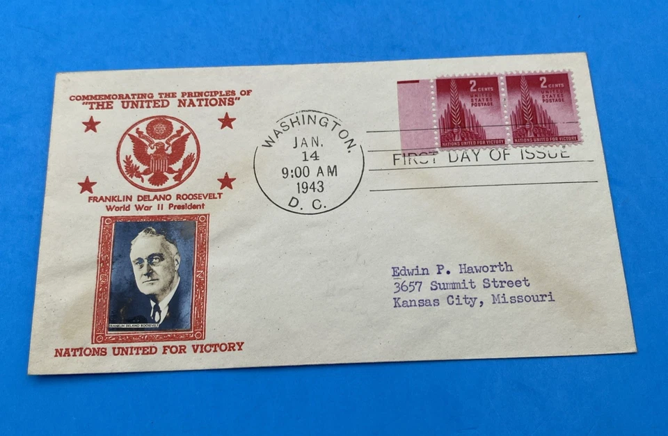 1943 FDC 2c Nations United Washington DC Scott 907 FDR Photo Cachet Crosby - Image 1 of 4
