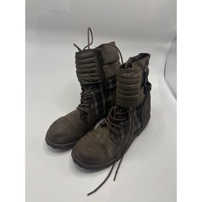 Botas de combate Roxy marrón a cuadros con cordones y cremallera lateral para mujer talla 7 Foto 1 de 4