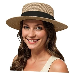 UPF50+ Women Wide Brim Straw Panama Sun Hat Boater Summer Beach Sun Hat - Picture 1 of 8