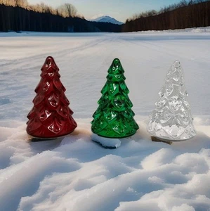 Set Of 3 Crystal Christmas Trees By Waterford Red Green Clear Perfect Condition - Picture 1 of 12