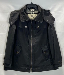 Burberry Womens Black Check Polyester Hooded Raincoat Jacket Size Large - Picture 1 of 8