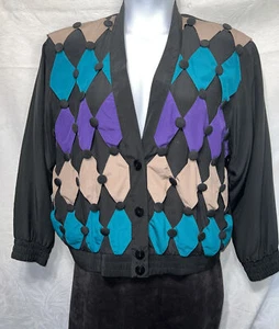 Perlita woman’s 100% Silk Black & Multi Color Vintage Jacket size Small - Picture 1 of 8