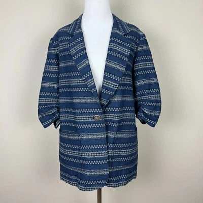 Chaqueta Blazer Karen Kane Mujer XL Azul Blanco Acanalada Codo Manga Jacquard Algodón Foto 1 de 4