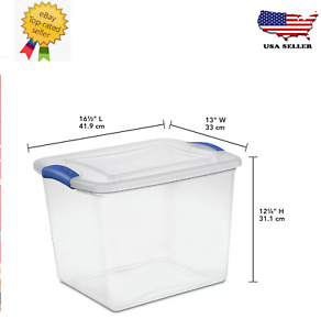 New Sterilite 27 Qt.Clear Plastic Latching Box, Blue Latches with Clear Lid