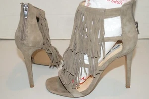 Steve Madden Fringly Taupe Suede Fringe Strappy Zip Stiletto Heel Sz 7 - Picture 1 of 9