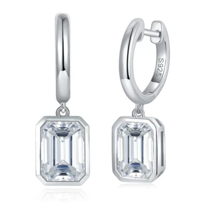 1-2CT D VVS1 Emerald Cut Moissanite Hoop Drop Earrings Women 925 Sterling Silver - Image 1 of 4