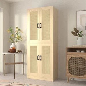 Oak Rattan Kitchen Pantry, 71" Tall Storage Cabinet with Doors, Boho Hutch fo... - Picture 1 of 7