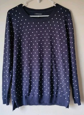 41 Hawthorn Navy Blue Aubree Fine Gauge Crewneck Sweater Polka Dots Size Medium - Image 1 of 4