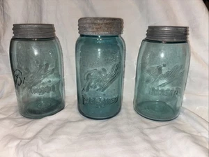 3 Vintage Green/blue Ball Quart Canning Jars W/ Zinc Lids W/ Ball On Top Bubbles - Picture 1 of 13