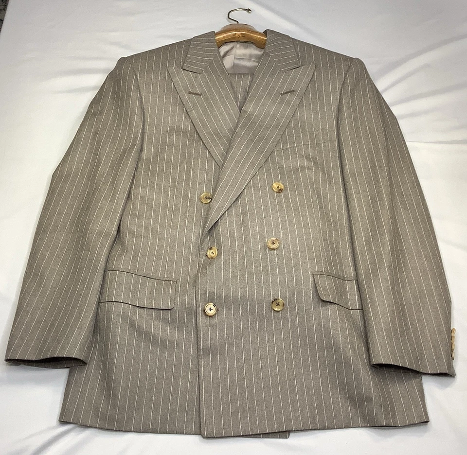 Traje de lana renacentista Oxxford Clothes Super 100 beige a rayas 42R W36X28 puño Foto 1 de 4
