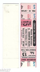 2.15.1976 WHA Hockey Phoenix Roadrunnners @R Edmonton Oilers Unused Ticket - Imagen 1 de 1