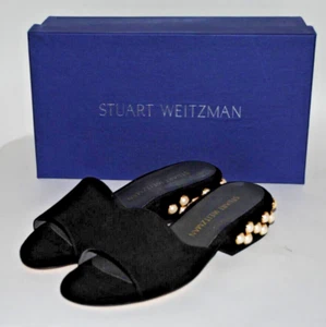 Stuart Weitzman Women's Girls Slide Pearl Black Suede Sandals Size 5.5 NIB - Picture 1 of 5