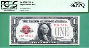 1928 $1 United States Note - PCGS GEM 66 PPQ - Fr 1500 - SERIAL A 00477959 A - Picture 1 of 2