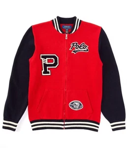 Polo Ralph Lauren Long Sleeve Latterman Jacket Boys L 14/16 Red Multi Full Zip - Picture 1 of 15