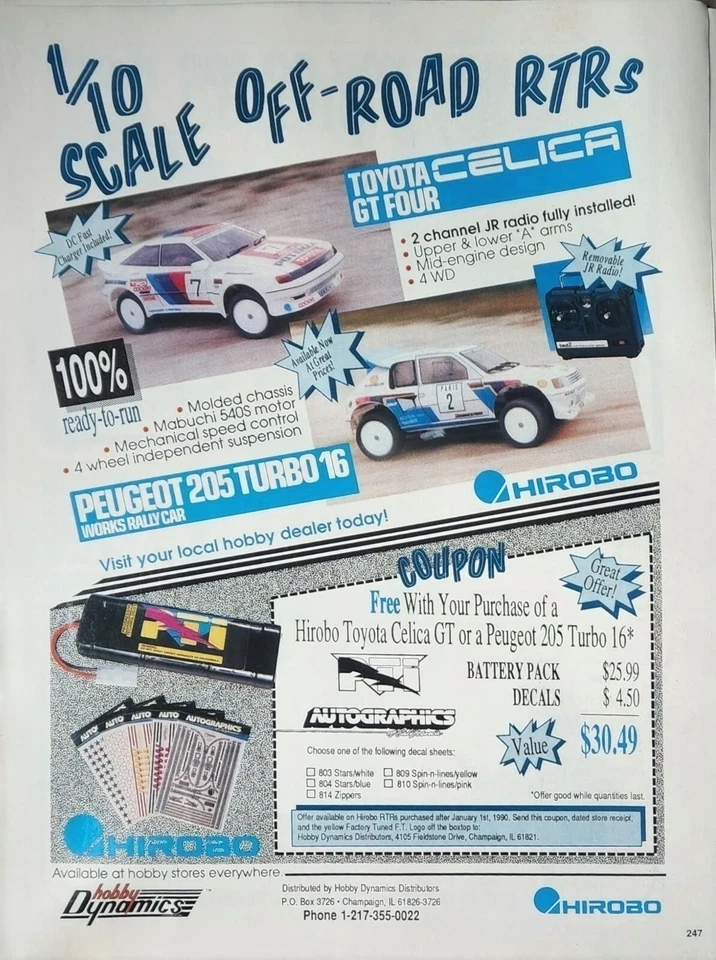 Hirobo Celica GT 4 RC Off Road Car Print Ad Wall Decor Peugeot 205 - Image 1 of 1