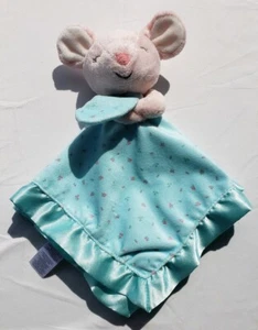 Carters Aqua Blue Mouse Baby Pink Flowers Plush Security Lovey Satin Trim - Picture 1 of 12