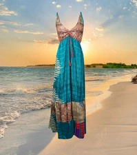 Womens Recycle Silk Maxi Dress, Beach Maxi Dress, Flowy Dresses, Blue Hippy S/M