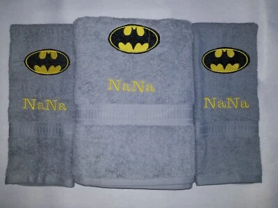 CUSTOM 3 PIECE DC COMICS BATMAN SIGNAL PERSONALIZE  BLACK BATH & HAND TOWEL SET  - Image 1 of 4