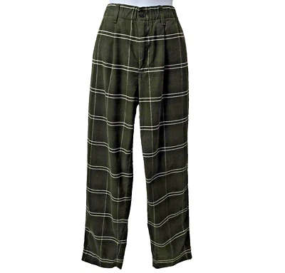 Madewell Corduroy Pull On Pants S Olive Green Windowpane Plaid Mid Rise POCKETS - Image 1 of 4