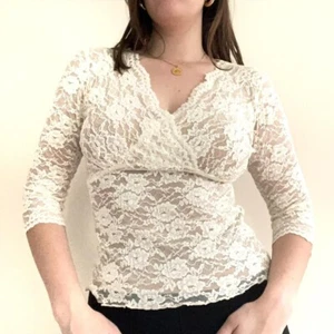 CAbi Women Blouse Cream Lace V-Neck 3/4 Sleeve Lined Top X-Large NEW - Picture 1 of 14