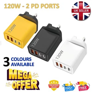 4 Ports 120W - Charger Dual USB Type C UK Wall Plug Charger Power Adapter Plug - Picture 1 of 11