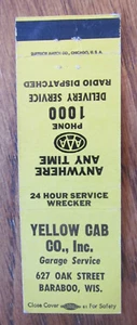 TAXI CAB STREICHHOLZSCHACHTELHÜLLE: YELLOW CAB BARABOO, WISCONSIN STREICHHOLZHÜLLE -D24 - Bild 1 von 2