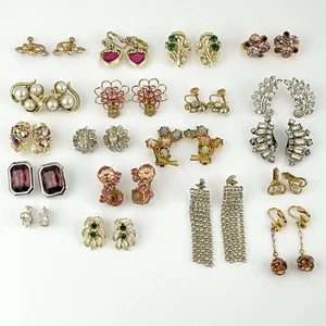 Vintage Clip-On & Screwback Earrings Lot 19 Pairs Rhinestone Pearl Dangle - Picture 1 of 13