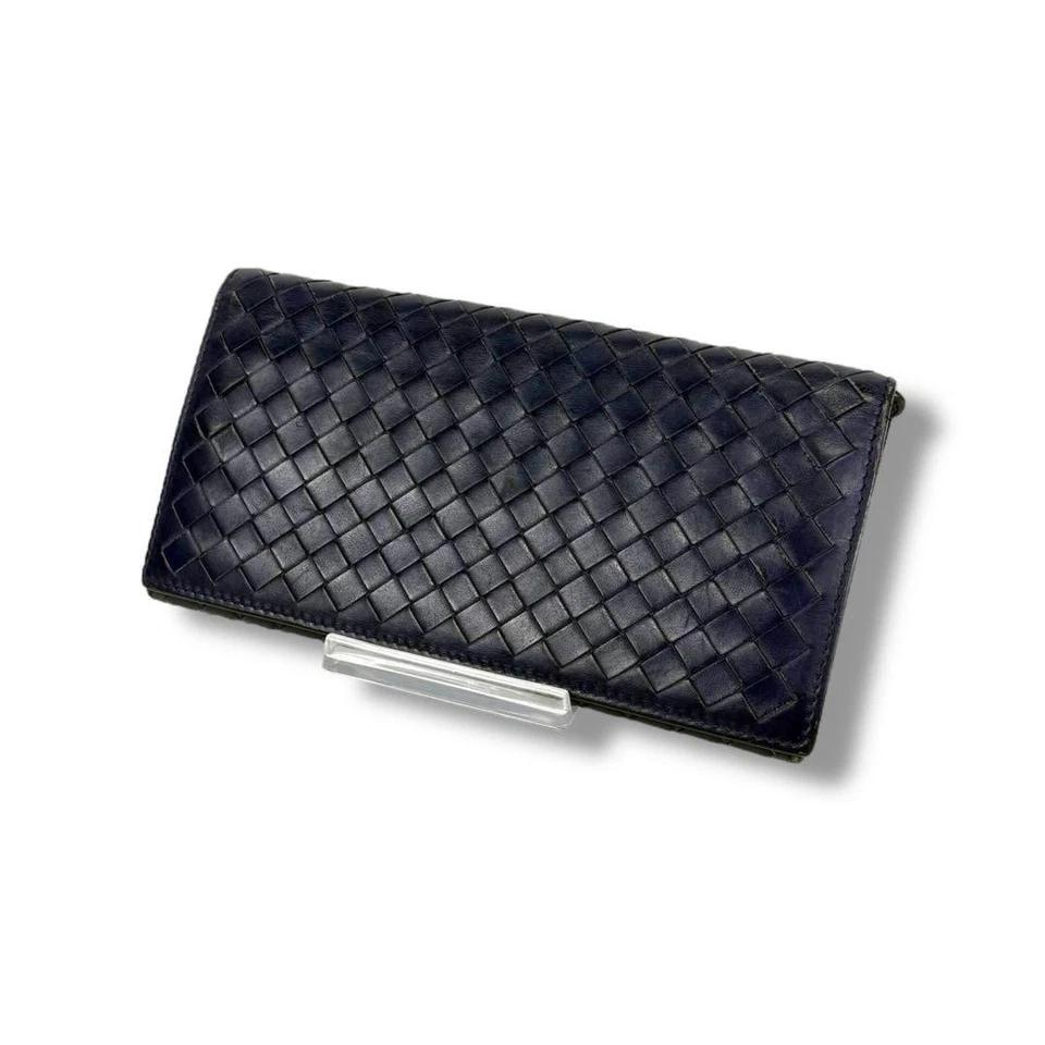 Cartera Larga Bottega Veneta Intrecciato Doble Pliegue Cuero Azul Marino Unisex Hecha en Italia Foto 1 de 4
