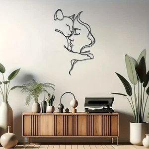 Élégant chat et femme art mural en métal -- silhouette noire minimaliste _xi - Zdjęcie 1 z 6